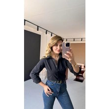 Qimya Butik Bebe Plus Kadın Likralı Pamuk Saten Fit Kalıp Düz Gömlek