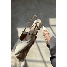 Nişantaşı Shoes X-Harmony Bej Kırışık Mat Kemer Detay Sivri Burun Kısa Topuklu Kadın Babet