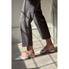 Nişantaşı Shoes X-Harmony Bej Kırışık Mat Kemer Detay Sivri Burun Kısa Topuklu Kadın Babet