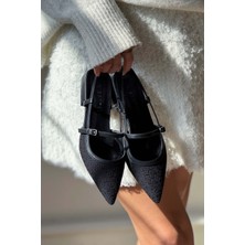 Nişantaşı Shoes X-Harmony Siyah Kilim Kemer Detay Sivri Burun Kısa Topuklu Kadın Babet
