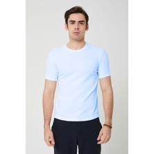 Sıfır Yaka Bisiklet Yaka Likralı  Petek Dokulu Buz Mavi Erkek Tshirt