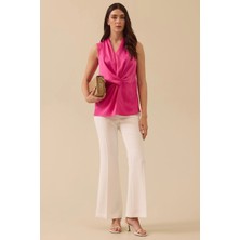 Seçil Kadın V Yaka Drapeli Düğüm Detaylı Bluz 0006 Fuşya