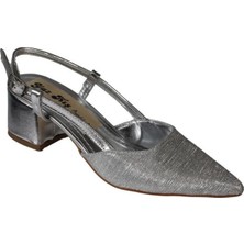 Yaz Kış Ayakkabı Yazkış Kadın Siyah Gümüş Parlak Kumaş Arkası Acık Sivri Burun 6cm Kalın Topuk Abiya Ayakkabı