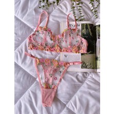 Merlif Lingerie Pembe Barbie Çiçek Desenli Balenli Fantazii Seksii Brode Sütyen & Tanga String Iç Çamaşır Takım