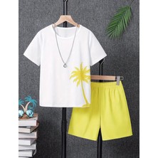 Kids Face Özel Tasarım Renkli Palmiye Summer Baskılı Pamuk Erkek Çocuk T-Shırt Şort Takımı