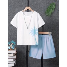 Kids Face Özel Tasarım Renkli Palmiye Summer Baskılı Pamuk Erkek Çocuk T-Shırt Şort Takımı