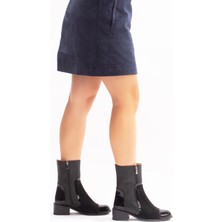 Nemesis Shoes Fermuarlı Kadın Bot Siyah Deri Süet Rugan