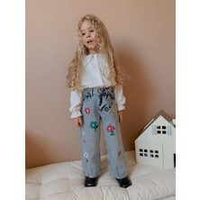 Tude Kids Kız Çocuk Çiçek Nakışlı Kot Pantolon