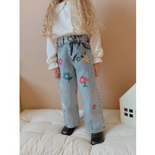 Tude Kids Kız Çocuk Çiçek Nakışlı Kot Pantolon