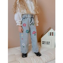 Tude Kids Kız Çocuk Çiçek Nakışlı Kot Pantolon