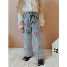 Tude Kids Kız Çocuk Çiçek Nakışlı Kot Pantolon