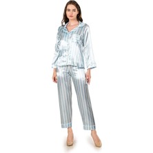 Egeteks Kadın Çizgi Desenli Gömlek Yaka  Önden Düğmeli Saten Pijama Takımı