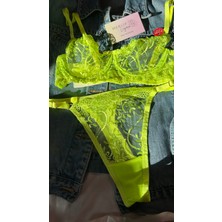 Merlif Lingerie Neon Sarı-Yeşil Dantelli Brode Iç Çamaşır Takımı Bralette (Balenli Sütyen &tanga)