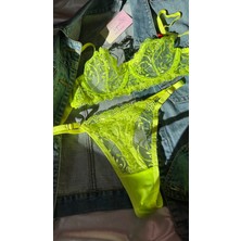 Merlif Lingerie Neon Sarı-Yeşil Dantelli Brode Iç Çamaşır Takımı Bralette (Balenli Sütyen &tanga)