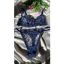 Merlif Lingerie Lacivert Koyu Mavi Dantelli Brode Iç Çamaşır Takımı Bralette (Balenli Sütyen &tanga)