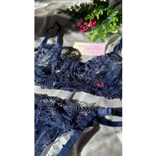 Merlif Lingerie Lacivert Koyu Mavi Dantelli Brode Iç Çamaşır Takımı Bralette (Balenli Sütyen &tanga)