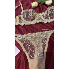 Merlif Lingerie Nude Bej Ten Rengi Dantelli Brode Fantazii Seksii Iç Çamaşır Takımı Bralette (Balenli Sütyen &tanga)