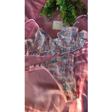 Merlif Lingerie Pudra Pembe Çiçekli Bralette Brode Iç Çamaşır Takımı Balenli Sütyen & Tanga
