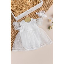 Tüllü Bandanalı %100 Pamuk Kız Bebek Şık Özel Gün Elbise Set Krem