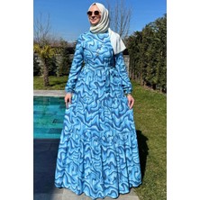 Rabia Şamlı Su Desenli Elbise Mavi