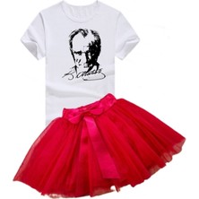 Kız Çocuk Kısa Kol Beyaz Zemin Üstüne Siyah Atatürk 23 Nisan Gösteri Kıyafeti Kırmızı Tütü