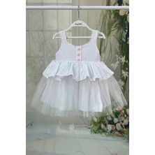 Beyaz Brokar ve Tül Kız Çocuk Bebek Elbise