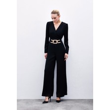 Sateen Sabit Kemerli Saten Tulum - Siyah