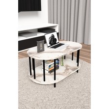 Modern Oval Orta Sehpa Çift Katlı Metal Ayaklı Salon, Ofis, Dekoratif Sehpa, Kahve Sehpası