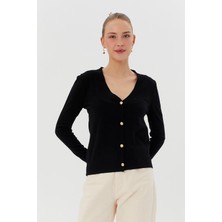 Gold Düğmeli V Yaka Triko Hırka