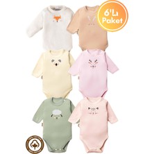 Unisex %100 Organik Pamuklu Hayvan Figürlü 3-6-9-12 Ay 6lı Uzun Kollu Bebek Body Zıbı