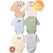 Unisex %100 Organik Pamuklu Hayvan Figür Baskılı 3-6-9-12 Ay 6lı Uzun Kollu Bebek Body Zıbın