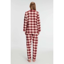 Egeteks Kadın Kırmızı Uzun Kollu Ekose Desenli Önden Düğmeli Yaka Detaylı Pijama Takımı