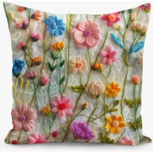 Filamente Çift Taraflı Çiçek Desenli Nakış Görünümlü Dijital Baskı Kırlent Kılıfı