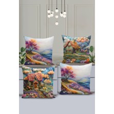 Filamente 4'lü Kırlent Kılıf Seti Doğa Deseni Nakış Görünümlü Çift Taraflı Dijital Baskılı