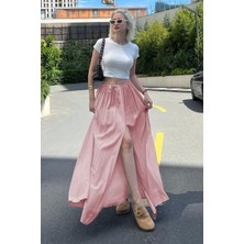 Pembe Beli Lastikli Yırtmaçlı Uzun Kadın Etek MG2062