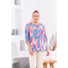 Rmg Desenli Vual Viskon Büyük Beden Kol Apoletli Mavi Bluz