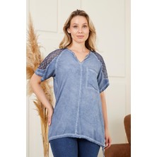 Rmg Eteği Bağlamalı Omuz Detaylı Büyük Beden Indigo Bluz