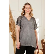 Rmg Eteği Bağlamalı Omuz Detaylı Büyük Beden Füme Bluz