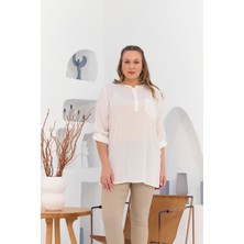 Rmg Cep ve Kol Detaylı Vual Viskon Yırtmaçlı Büyük Beden Ekru Tunik