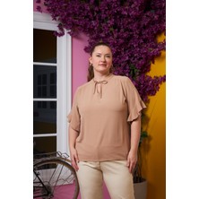 Yaka Bağcık Detaylı Büyük Beden Bluz Vizon