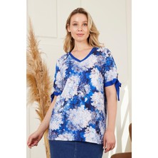 Rmg Kol Bağcık Detaylı Çiçek Desenli Büyük Beden Indigo Bluz