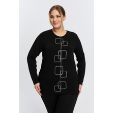 Büyük Beden Taş Detaylı Triko Kazak Siyah