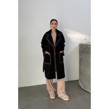 Msm Fashion Kadın Siyah Kaşe Kaban Kuşaklı Nakışlı Büyük Cepli Kruvaze Yaka