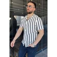 Mishar İtalia Erkek Devrik Yaka Ajurlu Çizgi Desenli Gömlek