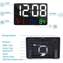 Etabel Dijital Uzaktan  Duvar Saati Renkli Hd LED Ekran 25 x 16  cm  Tarih Gün Sıcaklık Alarm USB