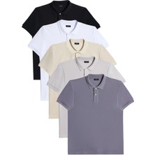 Tudors Erkek 5'li Paket Siyah-K.gri-Beyaz-Gri-Ekru Slim Fit Dar Kesim Pamuklu Düz Pike Polo Yaka Tişört