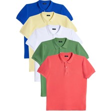 Tudors Erkek 5'li Paket Saks Mavi-Ç.yeşili-Nar Çiçeği-Sarı-Beyaz Slim Fit Pamuklu Düz Pike Polo Yaka Tişört TS240030