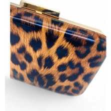 Leopar Desenli Gold Çerçeveli Zincirli Parlak Kadın Clutch - Wild Glam