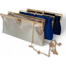 Bej Saten Taş Detaylı Zincirli Kadın Clutch Abiye Çanta - Serenity Luxe