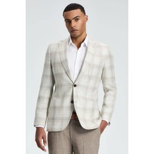 Ipek-Yün Karışım Ekose Desenli Krem Rengi Blazer Ceket